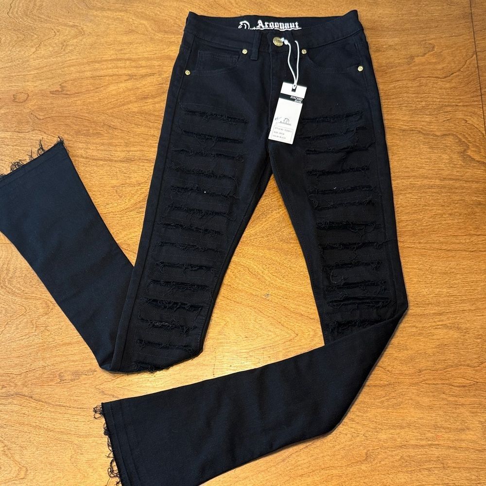 Men's Slim Black Jeans with Distressed Design